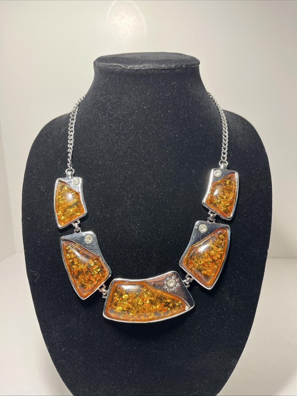 Faux Amber Colored Statement Necklace Large Acrylic Glitter Mid Century Modern